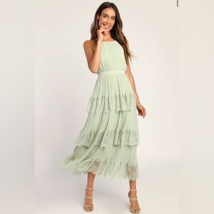 Lulus Came For Cocktails Sage Green Pleated Tiered Lace Maxi Dress
